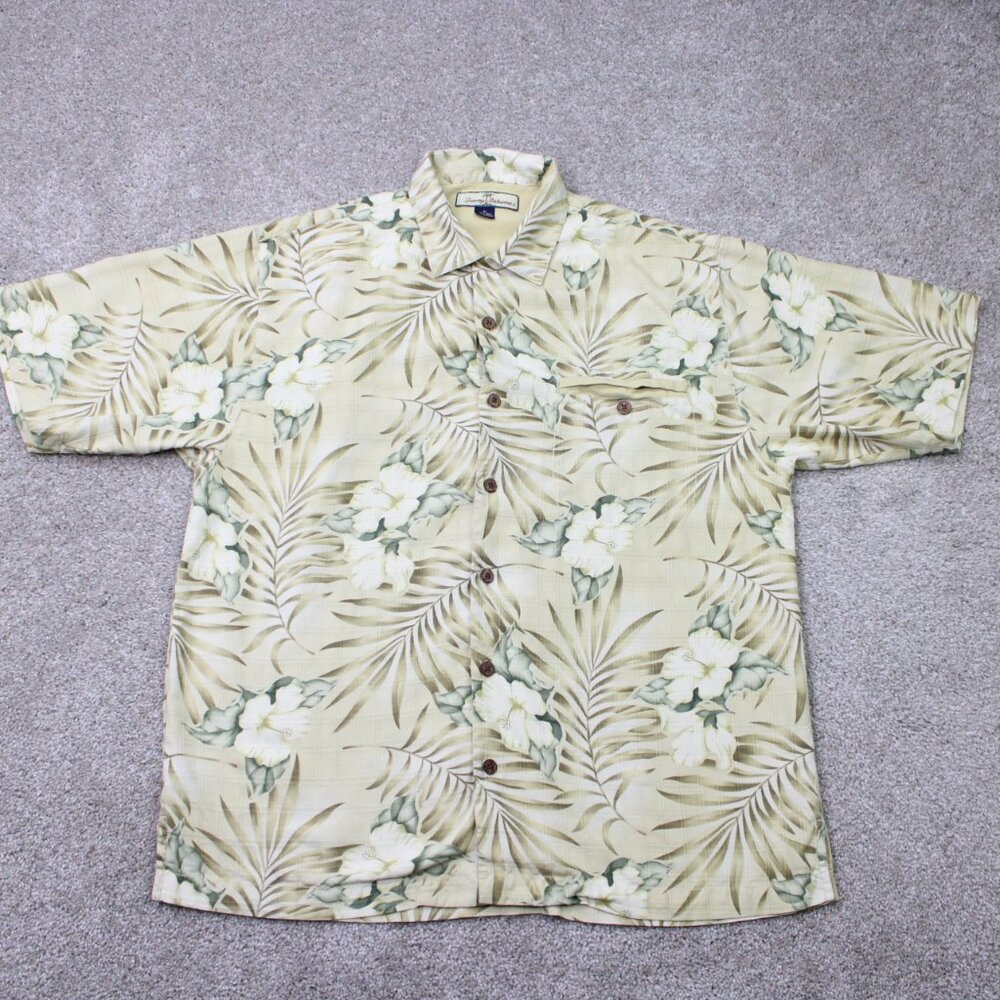 Tommy Bahama Camp Shirt Men Medium Beige Floral Loop Collar Orange 100% Silk S/S
